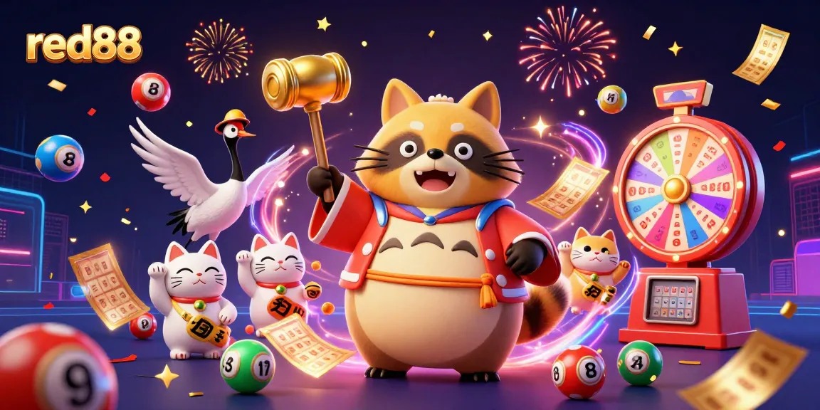 Experience luck with red88 in this vibrant illustration of a cheerful tanuki and fortune cats.