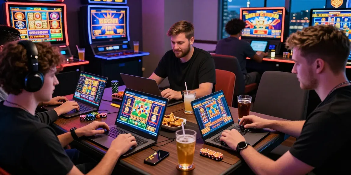 British players enjoying games at non UK casinos on laptops and phones in a lively home setting.