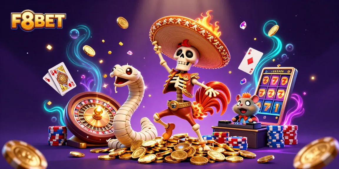 Join the excitement of F8BET with dynamic characters dancing on coins and vibrant casino elements!