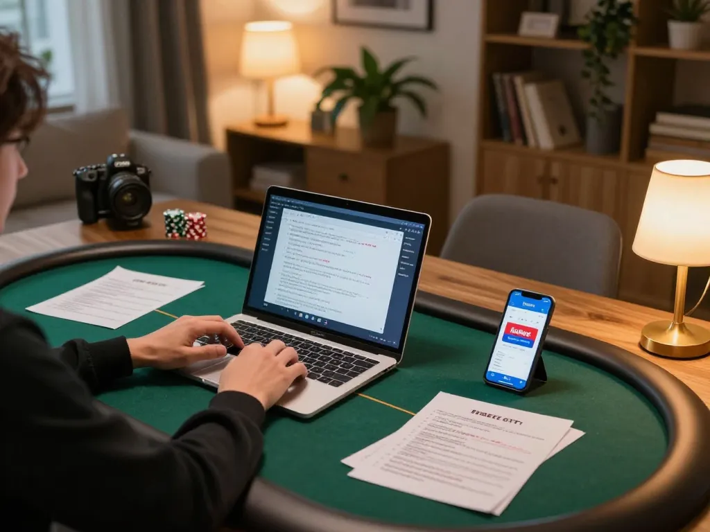 Engaging player using kubet app for online poker at home, surrounded by strategy notes.