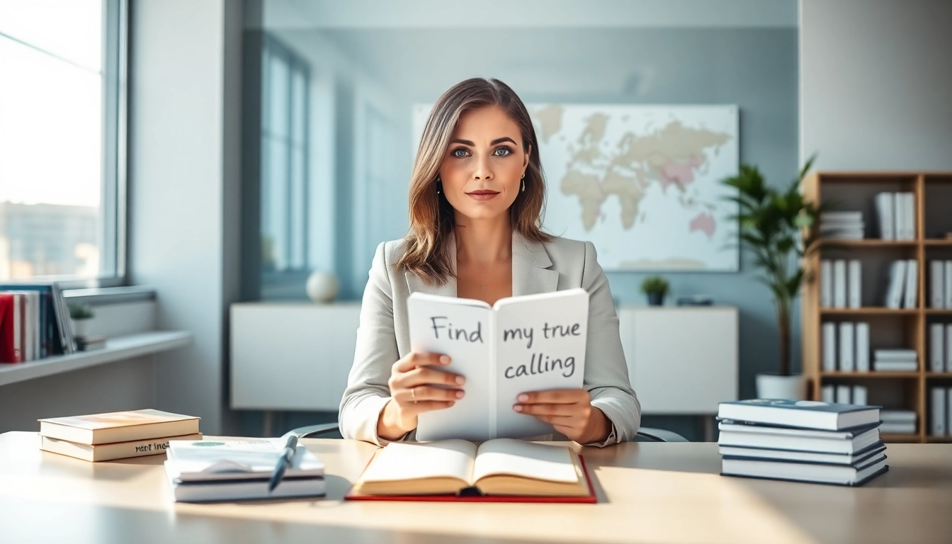 Woman seeking to Find my true calling in a modern office, with a notebook and career maps.