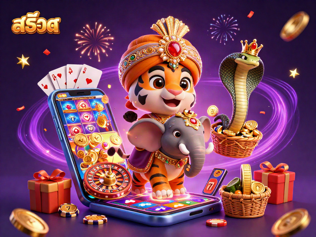 Engage in สล็อต gaming with a majestic maharaja tiger, jewel elephant, and vibrant game elements.