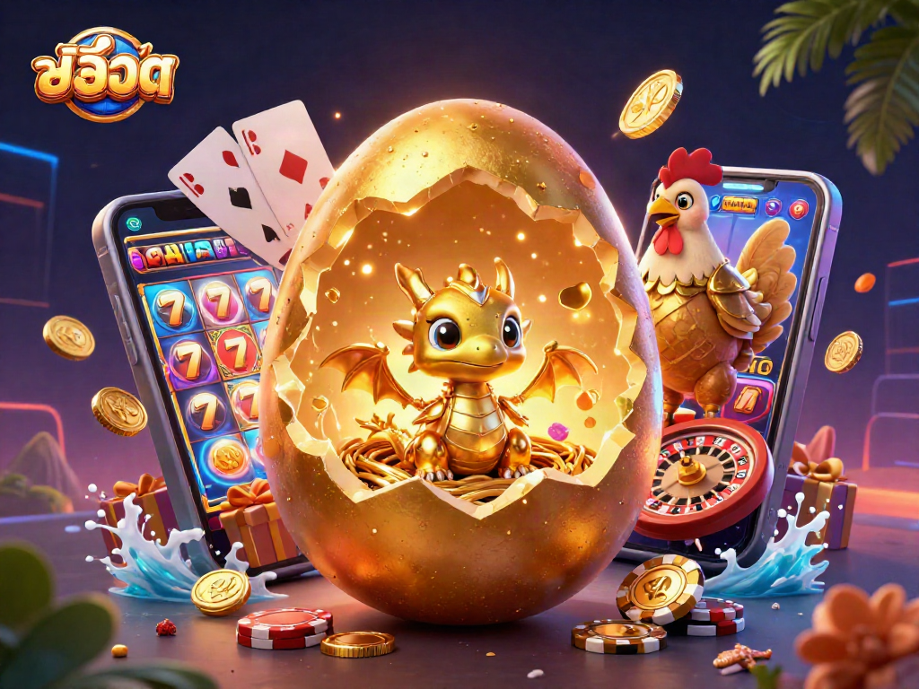 Experience exciting สล็อต action with a golden dragon, poker chips, and vibrant game elements.