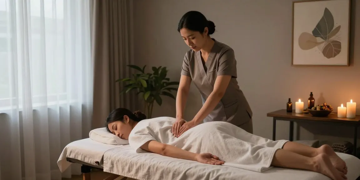 마사지 therapy room with therapist performing Swedish massage, calming ambiance and essential oils.