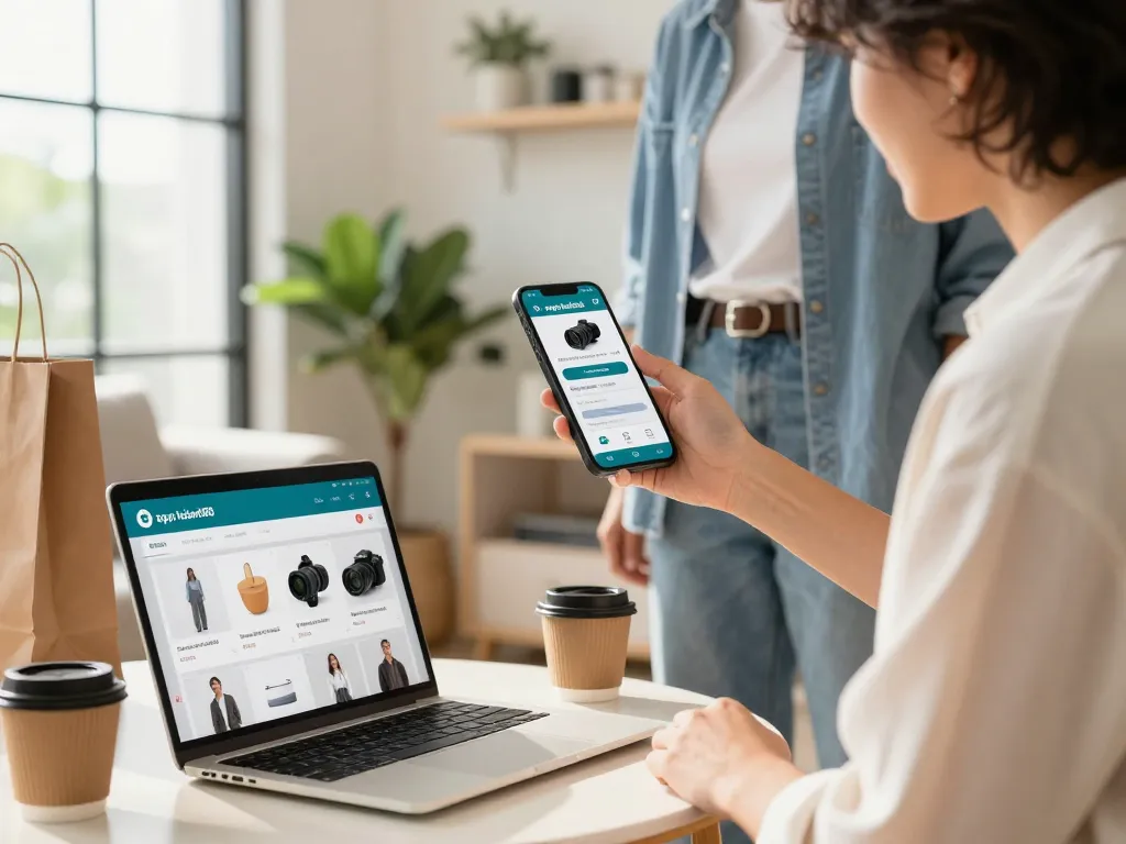 Tải app hubet88 mobile shopping experience with a stylish person exploring products in a bright modern living room.