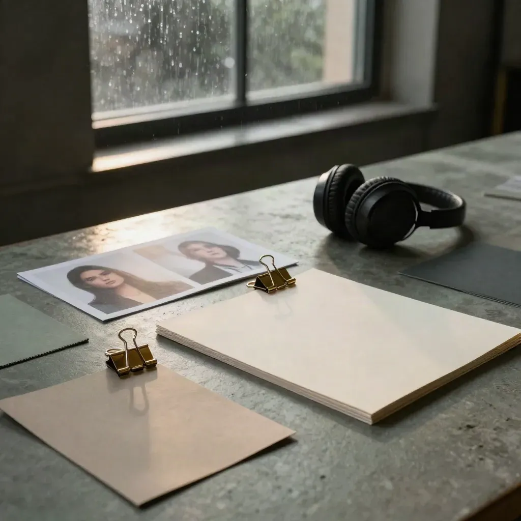 Casting table with headshot cards, folder, headset, binder clips and swatches in rain-dim light