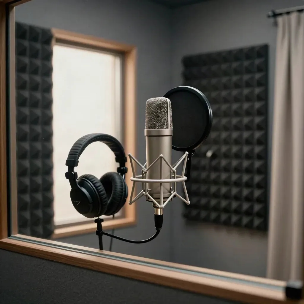 Voiceover booth with mic, headphones, foam panels and glowing isolation window, seen through glass edge.