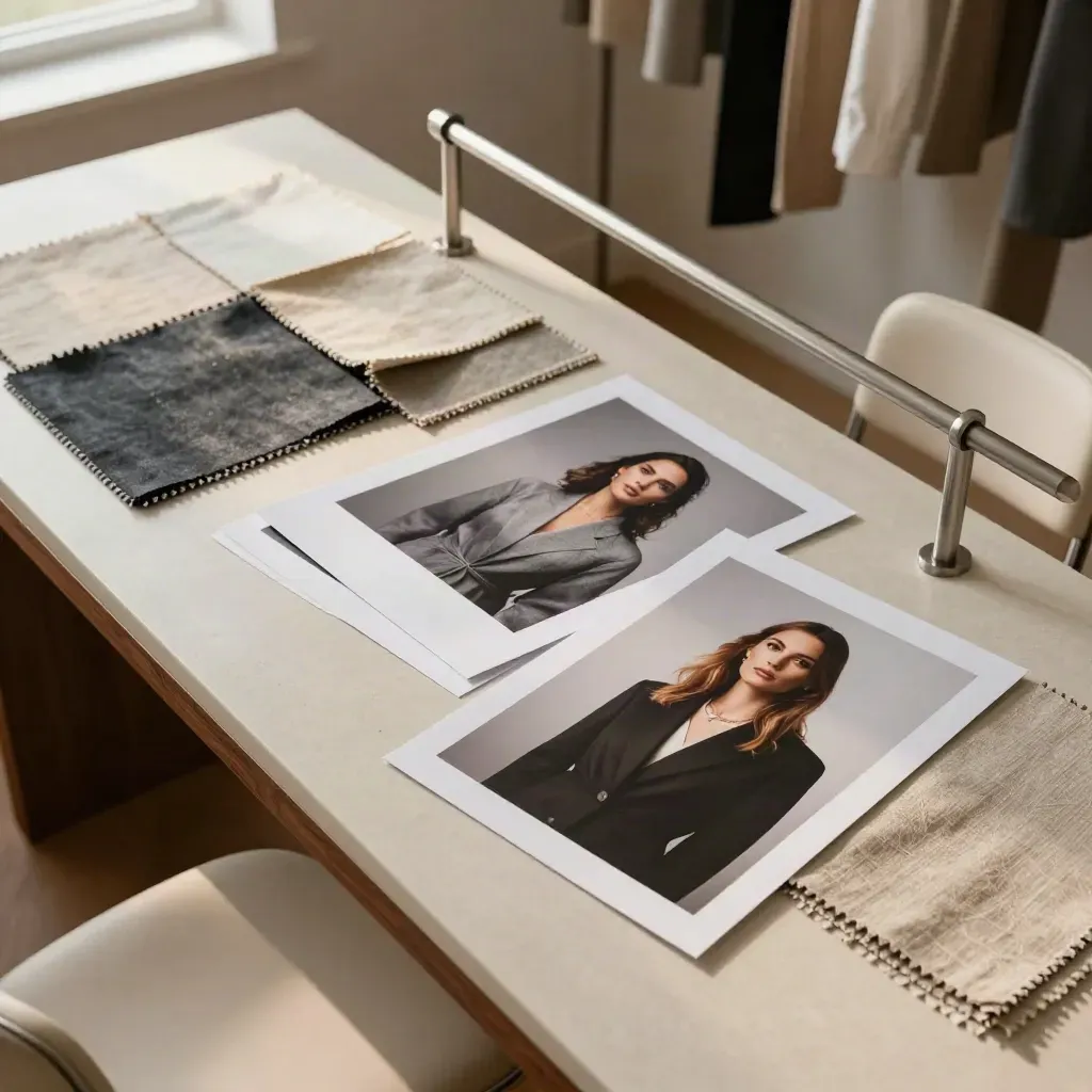 Casting room with portrait prints, fabric swatches, chairs, and garment rail in warm window light.