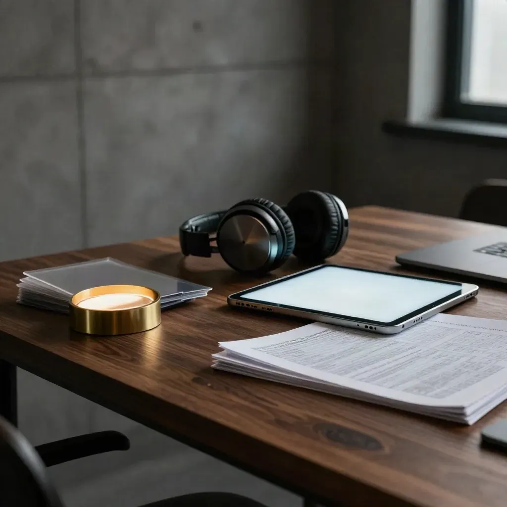 Glowing tablet, headphones, and acetate sleeves on a dark table in a moody shortlist room.