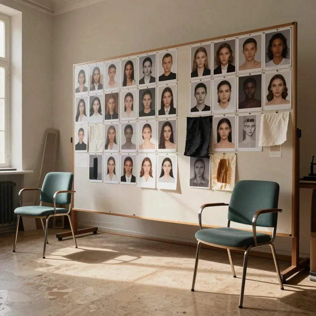 Casting board with portrait prints, swatches, and two empty chairs in a warm rehearsal room.