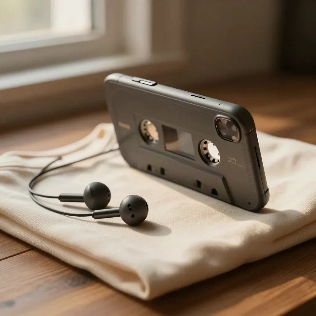 Phone on stand, earbuds, folded tee and warm review light on a sunlit studio table.