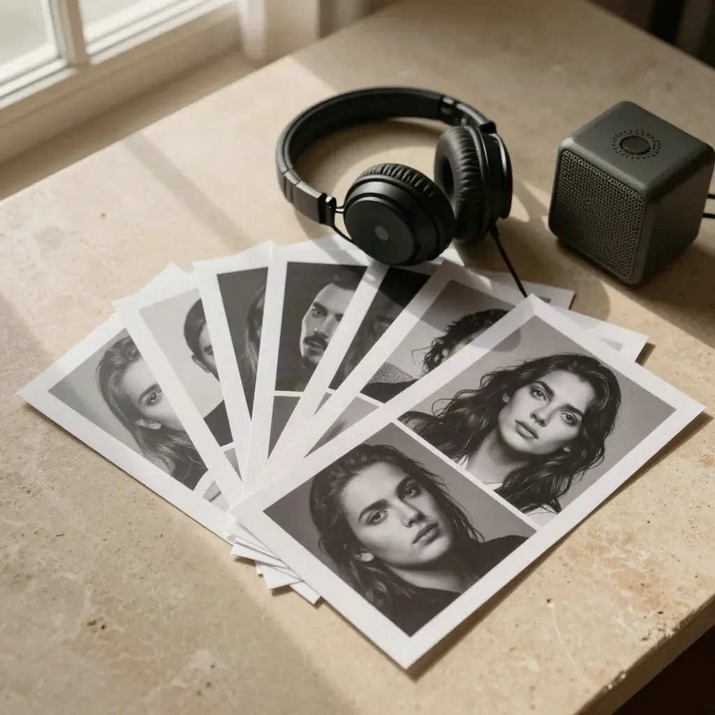 Overhead flat lay of voice roster prints, coiled headphones, and a small studio speaker on khaki stone.