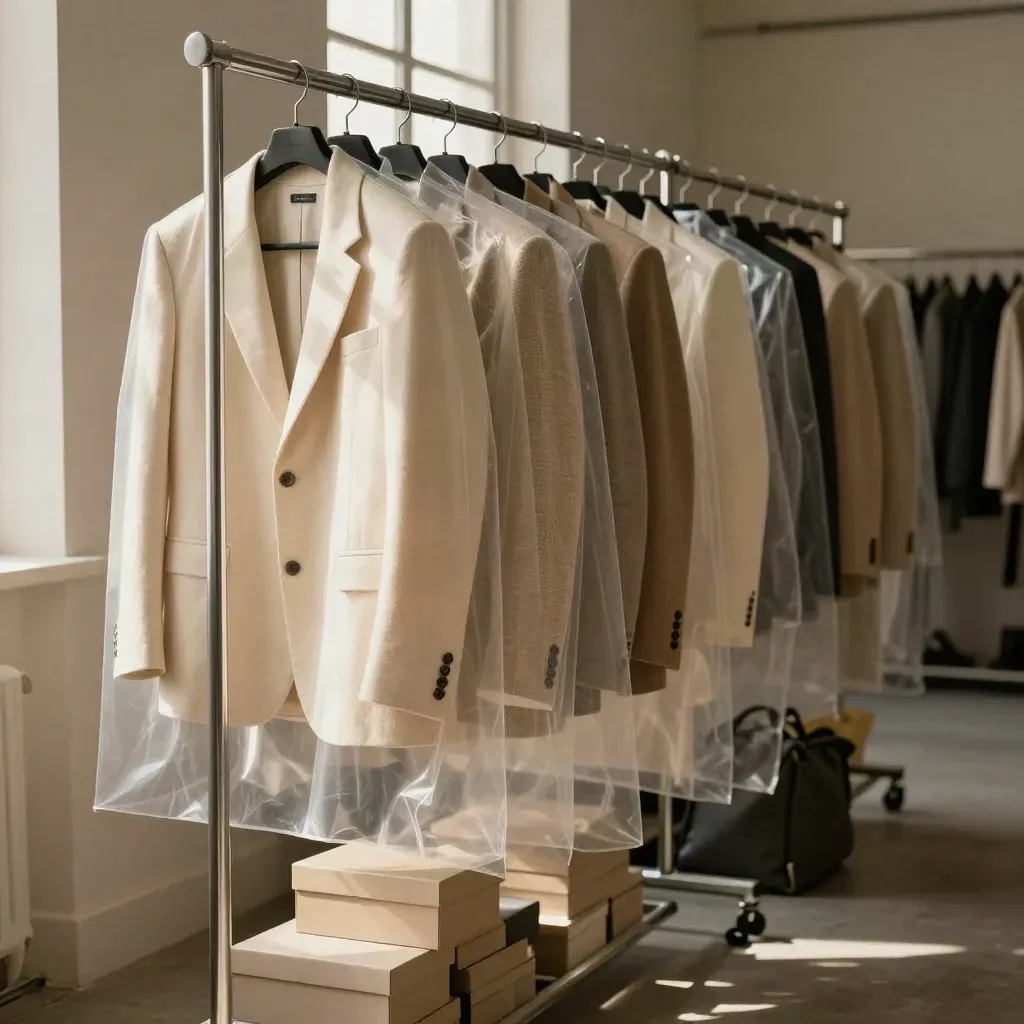Wardrobe hold rack with neutral jackets, garment bags, and shoe boxes in a warm studio lane.