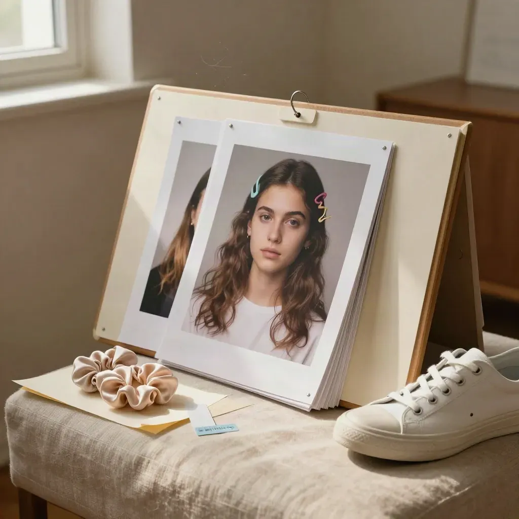 Cream teen casting review board with face-down portraits, sneakers, and hair accessories in warm daylight