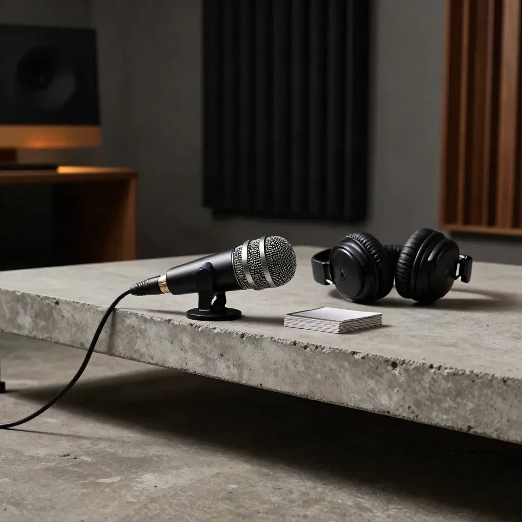 Microphone, closed headphones and playback cards beside a monitor glow on a casting bench.