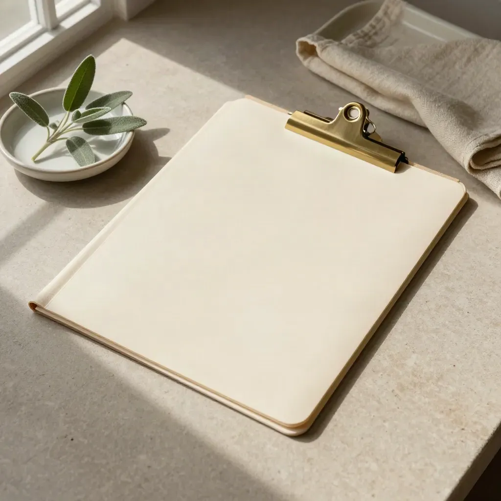 Cream brief folder with brass clip, linen cloth, plant and ceramic dish on stone.