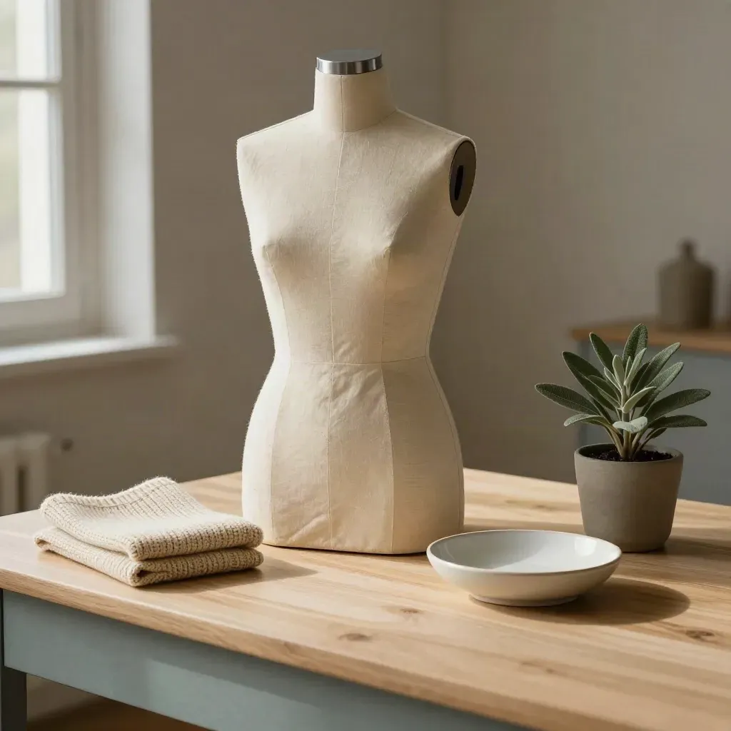 Cream dress form, knit, dish and plant on pale wood desk in soft window light.