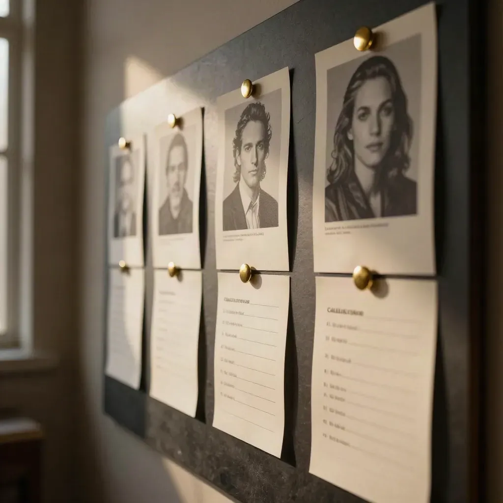 Callback tracker board with portrait prints, brass magnets, and held cards on a matte charcoal wall