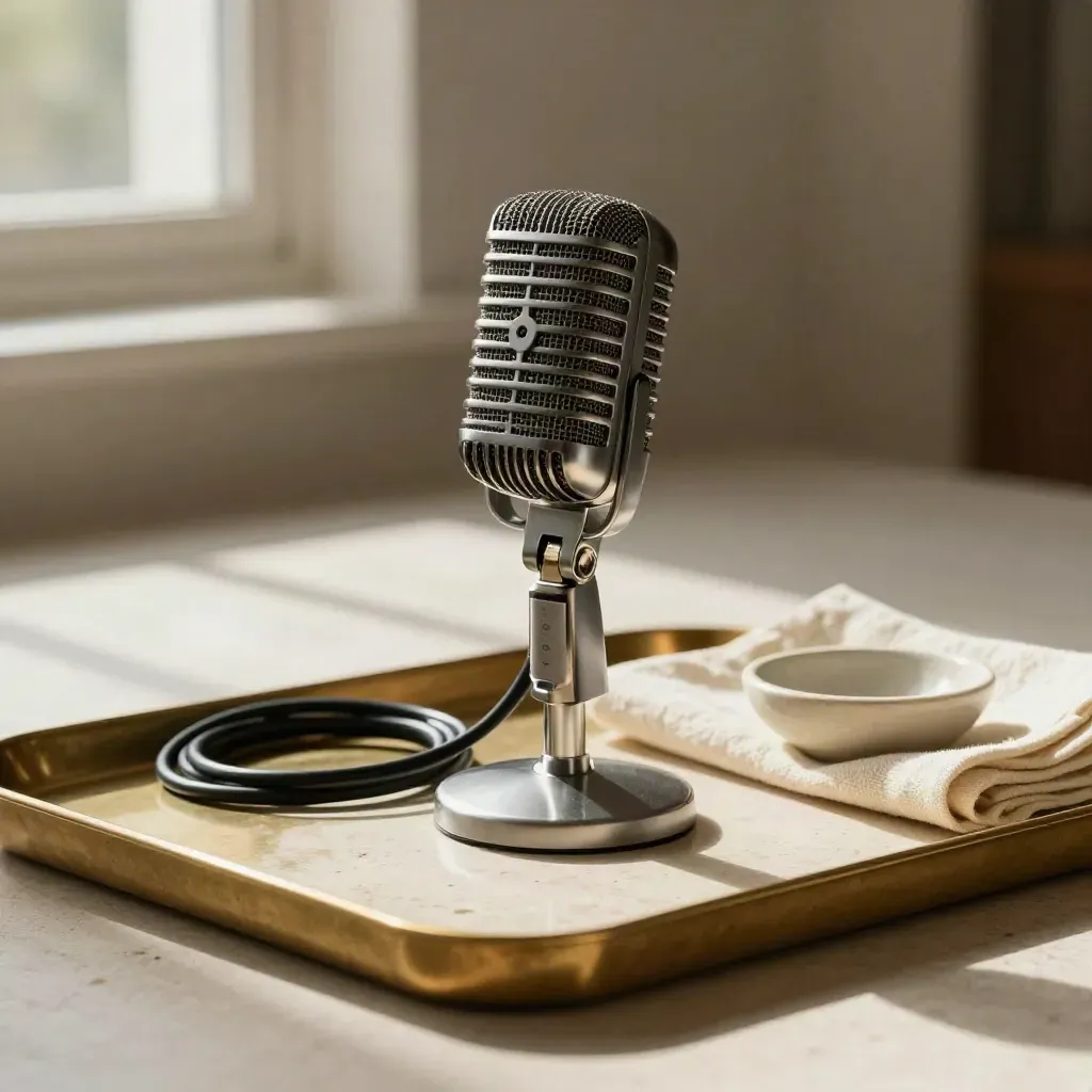 Vintage studio microphone on brass tray with cable, cloth and ceramic dish in soft light.
