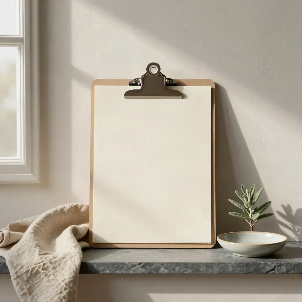 Cream clipboard with clips, linen, ceramic dish, and tiny plant on a slate shelf.
