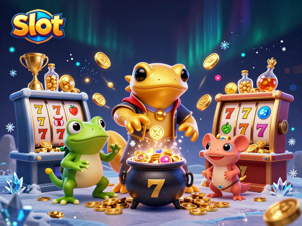 Spin the slot reels for potential winnings at the vibrant slot-themed casino with gold coins and jackpot symbols.