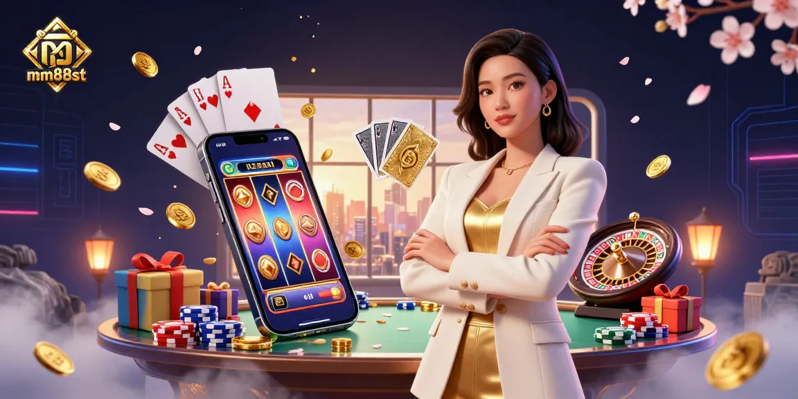 Experience thrilling gameplay at mm88st with the elegant Asian woman showcasing gold cards amidst vibrant casino elements.