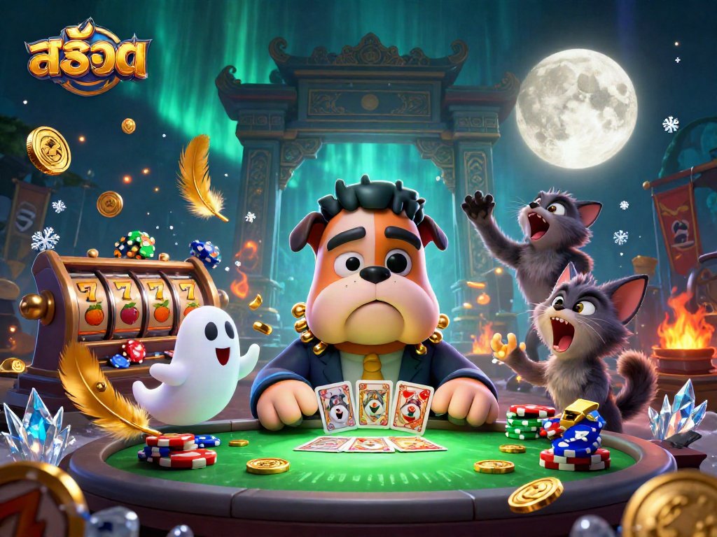 Experience exciting สล็อต action with a cartoon Frankenstein bulldog and thrilling casino elements in a vivid digital scene.