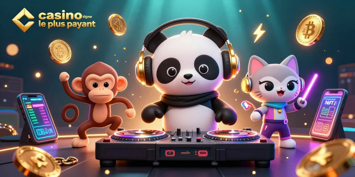 Jouez au casino en ligne le plus payant avec un panda DJ entouré de joyaux, monnaie et effets lumineux.
