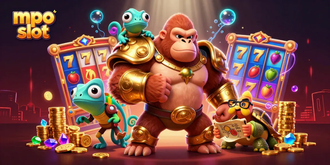 Experience thrilling spins with mpo slot as a powerful gorilla king and colorful companions surround vibrant slot elements.