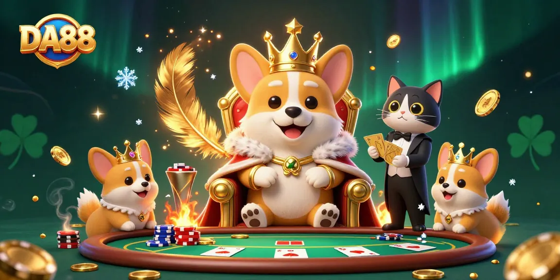 DA88 corgi throne scene featuring poker elements and sparkling coins, emphasizing royal casino fun.