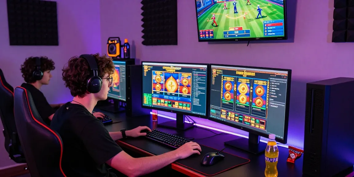 Engaged gamer exploring raja328 slot games and live betting on multi-monitor setup with vibrant graphics.