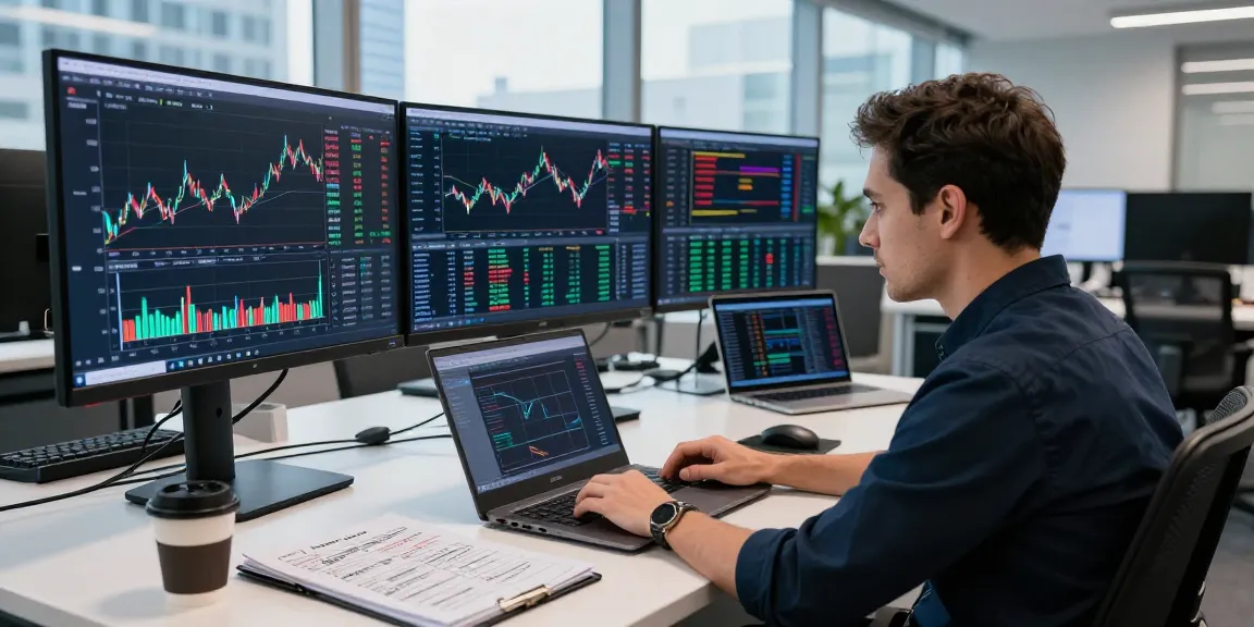 Professional trader using MetaTrader 5 analyzing market data on multiple screens.