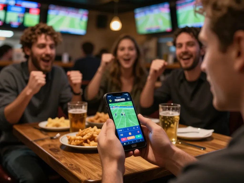 Engaging sports betting moment on Paris888 app, showcasing excitement in a lively bar setting.