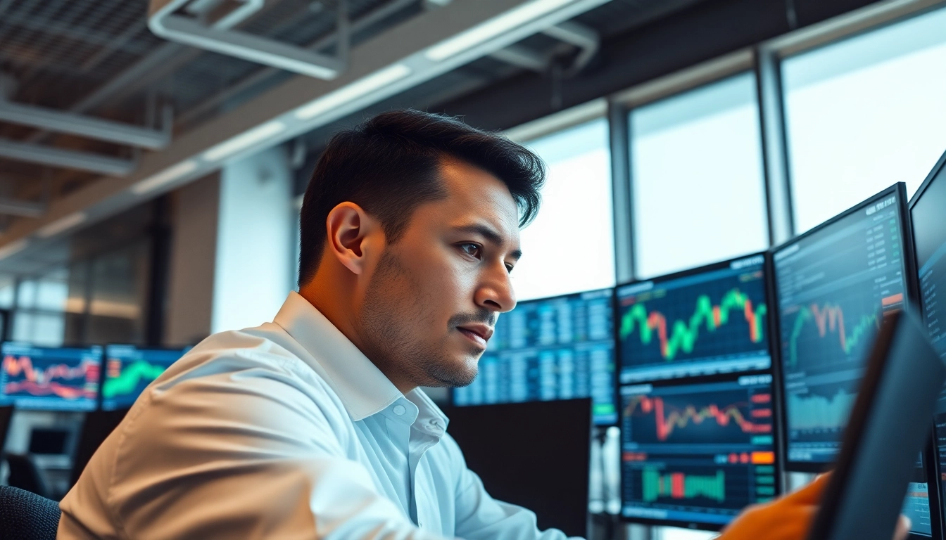 Engaging stock trader navigating long term stock trading In Saudi Arabia analysis in a bright office.