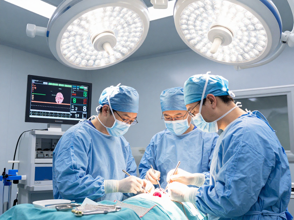 Beyin tümörü ameliyatı in a sterile operating room with surgeons and advanced equipment