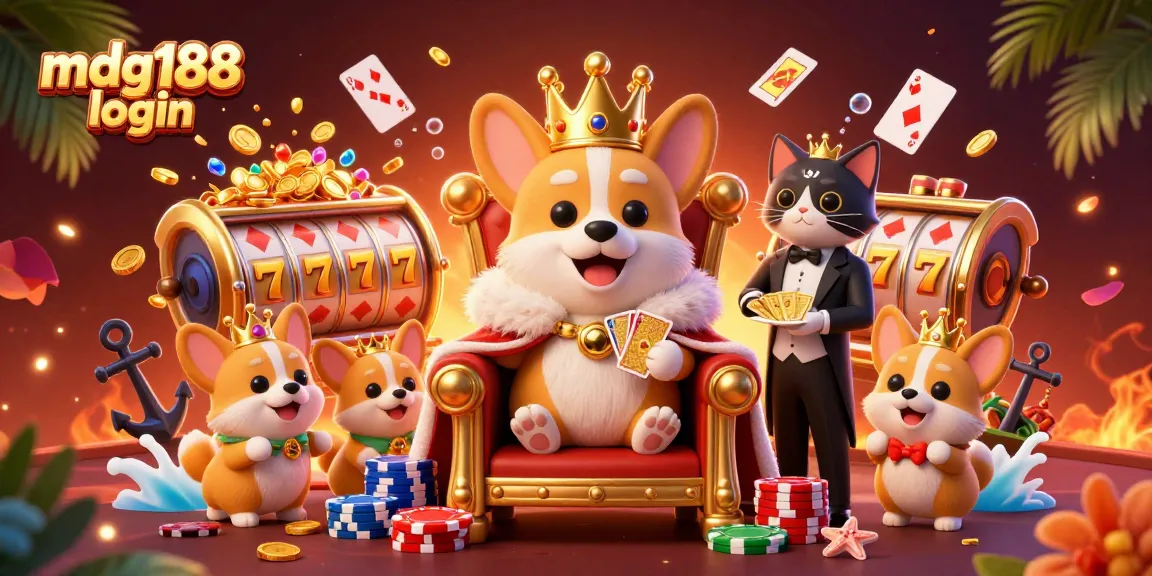 Engage with the exciting world of mdg188 login in this vibrant casino scene featuring a royal corgi and gaming elements.