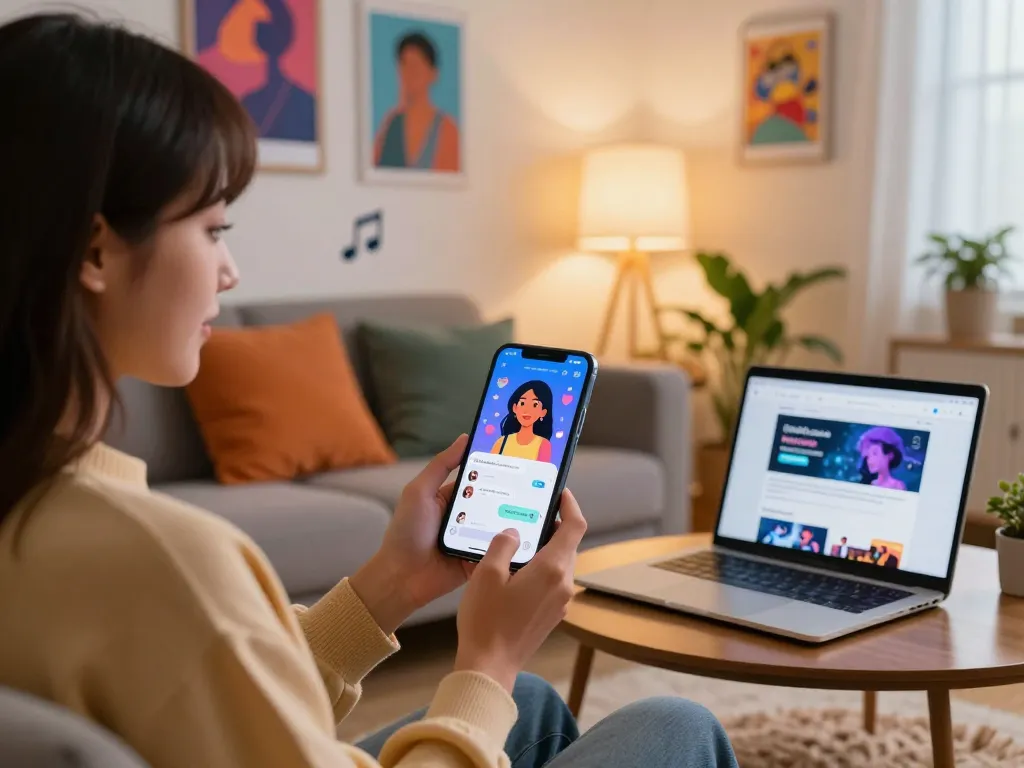 Engaging interaction with an AI girlfriend app showcasing lively character chat in a modern living room.