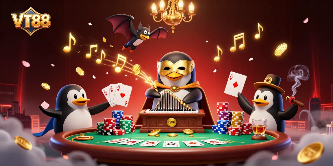 Engage with VT88 while the phantom opera penguin entertains at the casino's vibrant poker scene.