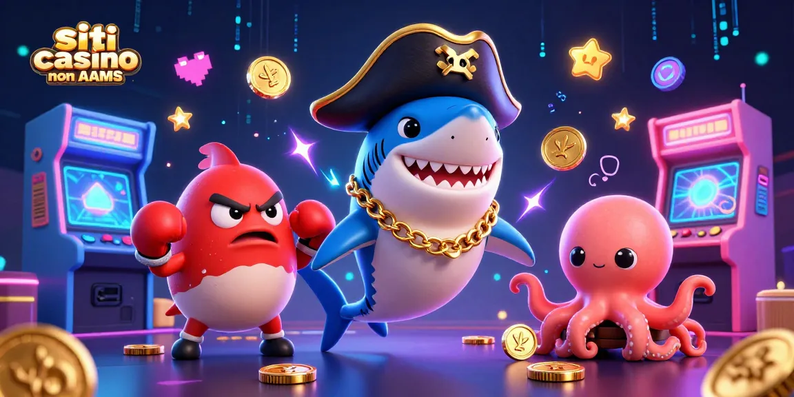 Scopri il brivido dei siti casino non AAMS con personaggi vivaci ed elementi arcade in una scena casinò colorata.