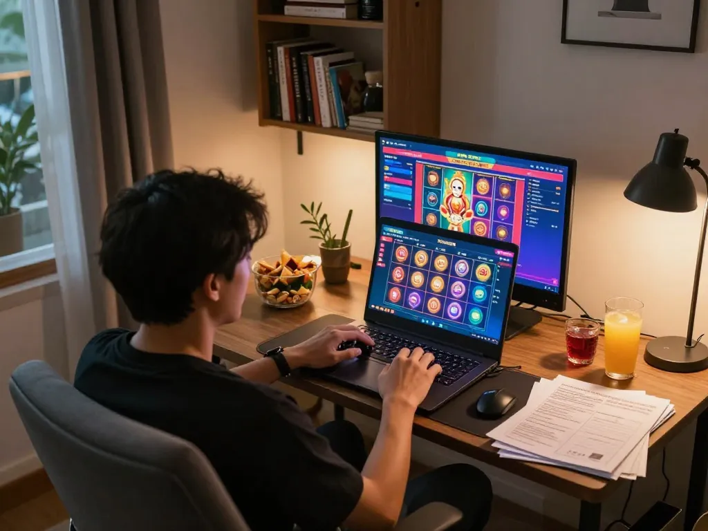 Engaging home scene with player immersed in thailand slot gaming strategy and relaxation