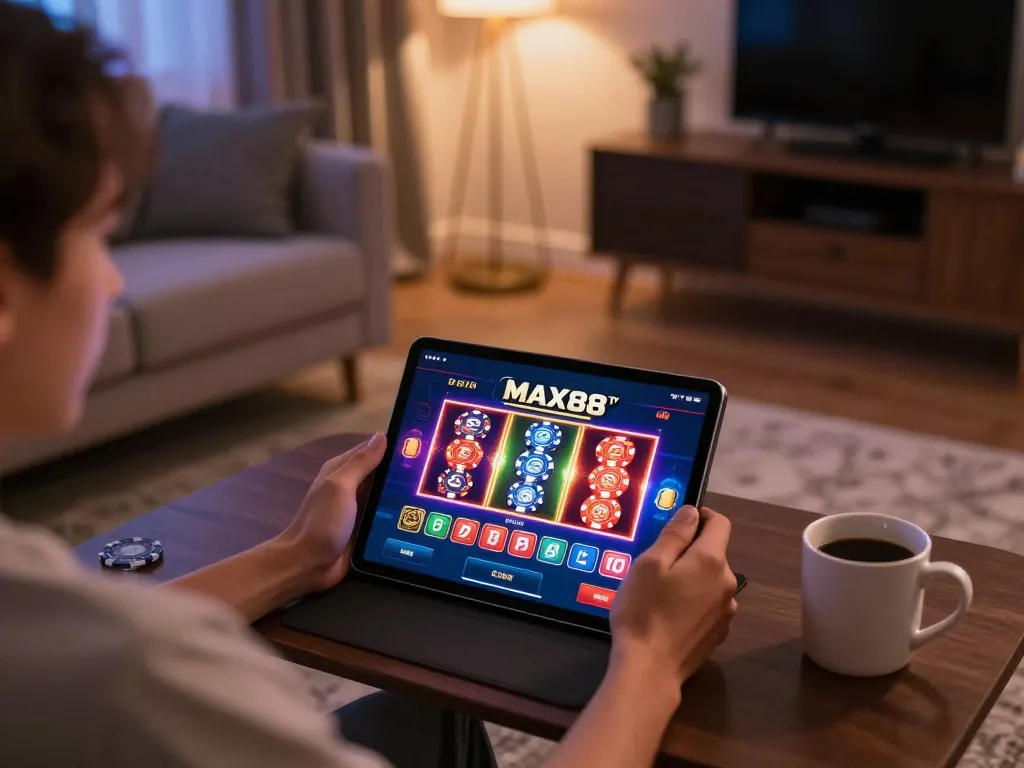 Experience dynamic online gaming with MAX88 TV featuring engaging poker gameplay on a tablet in a cozy setting