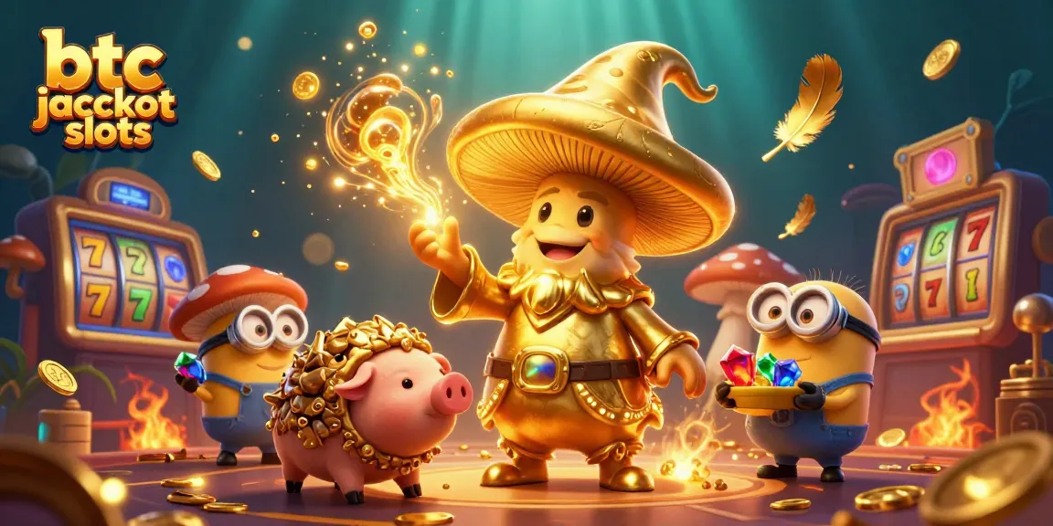Experience thrilling btc jackpot slots with a magical golden mushroom wizard and treasures in this illustrated scene.