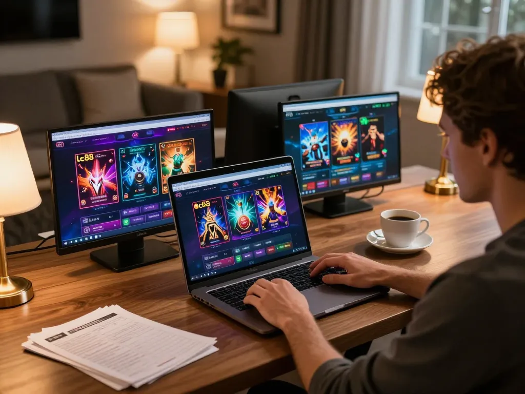 Engaging with lc88 online casino on a laptop, showcasing vibrant game graphics and strategic notes