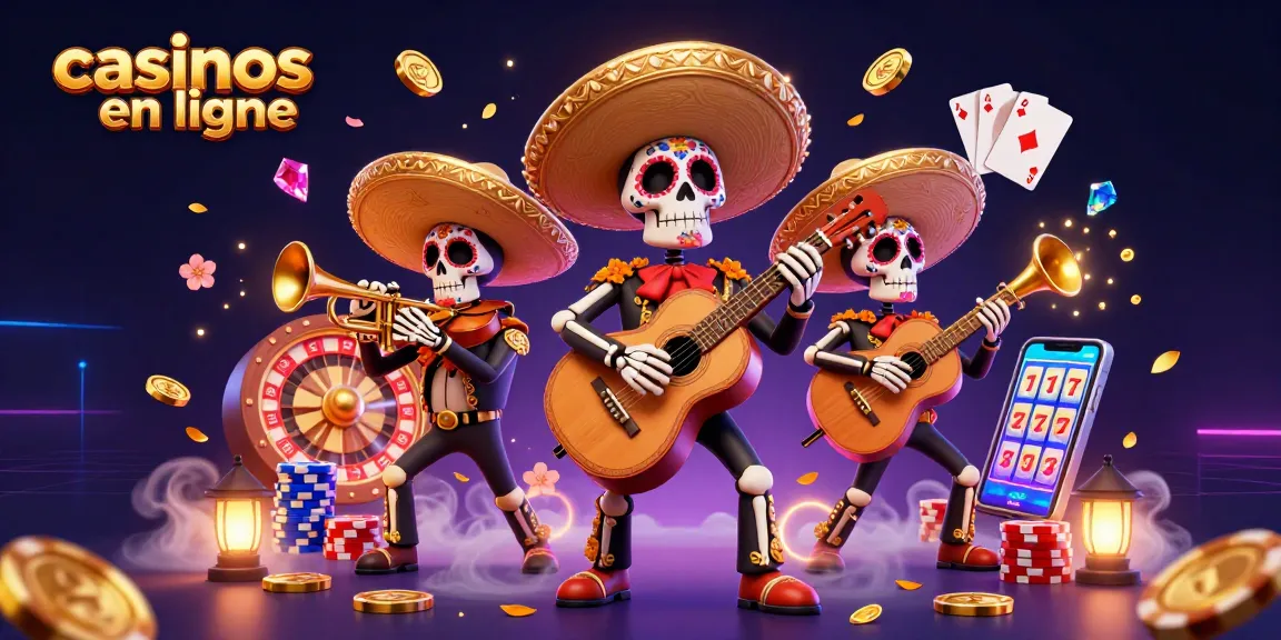 Des mariachis squelettes célèbrent les casinos en ligne avec des pièces d'or et des jeux.