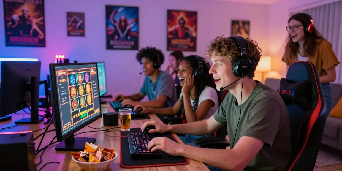 Excited friends enjoying gameplay at credit card casinos, vibrant atmosphere with snacks and gaming gear.