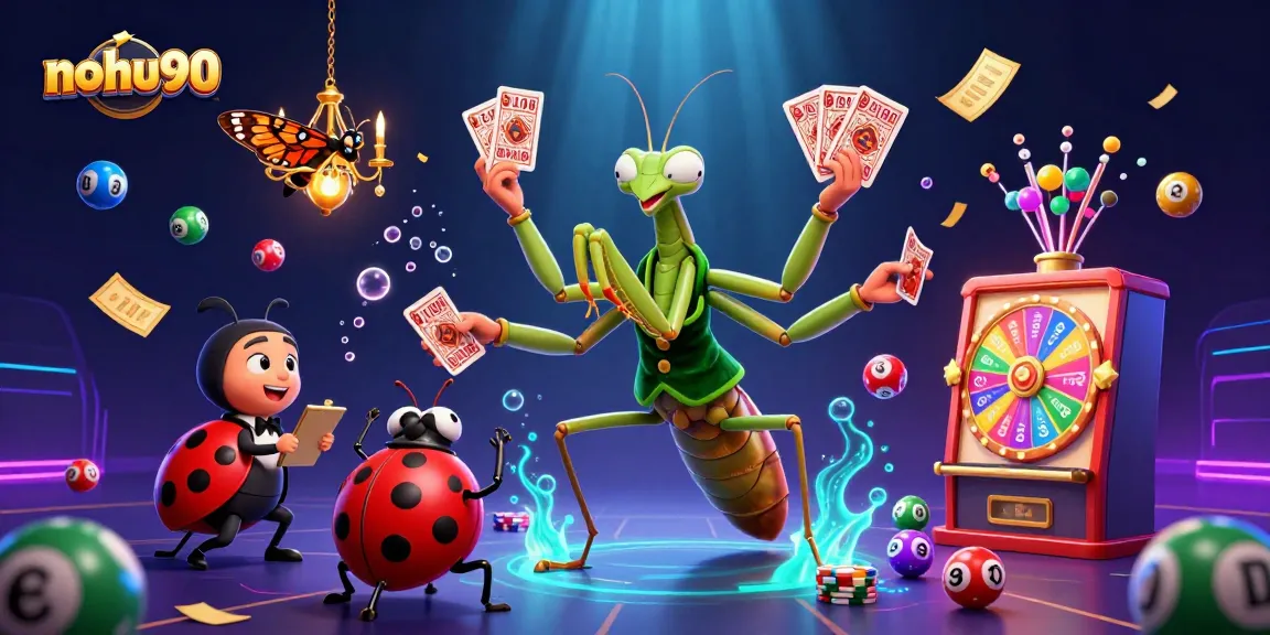 Nohu90 offers thrilling casino action with games and dynamic prizes in a vibrant illustration.