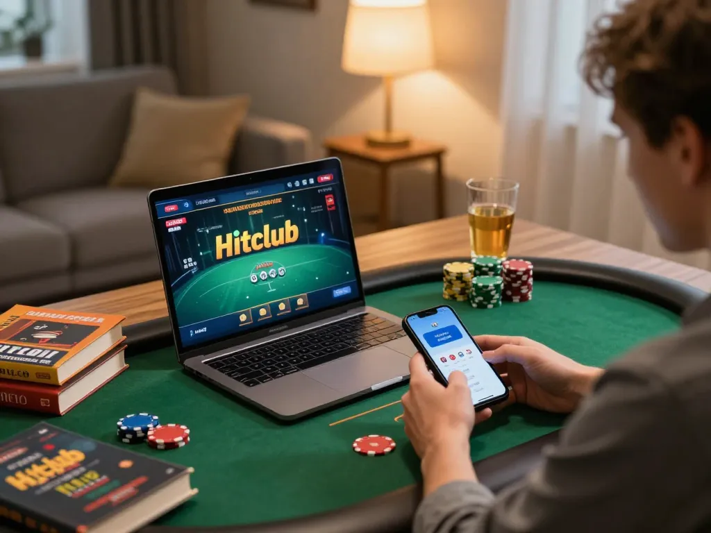 Người chơi tham gia sử dụng ứng dụng Hitclub cho poker trực tuyến, thể hiện trải nghiệm chơi game chiến lược.
