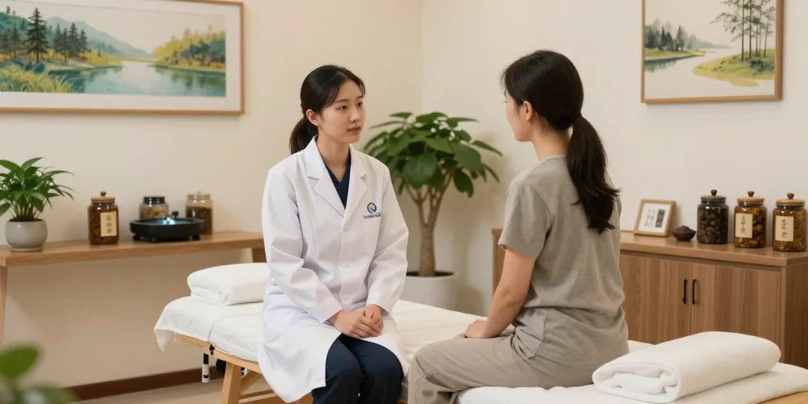 Consultation at 영통한의원, a serene health clinic with a practitioner and patient.