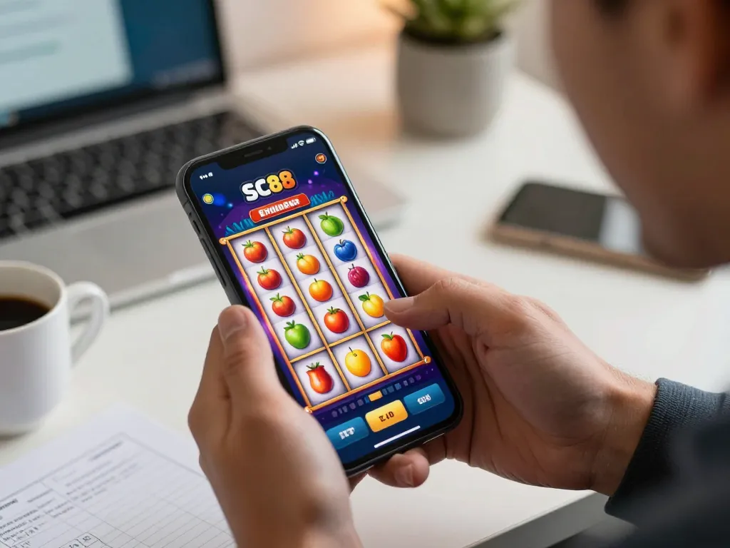 Player enjoying SC88 slot game on smartphone, showcasing vibrant graphics and user interface