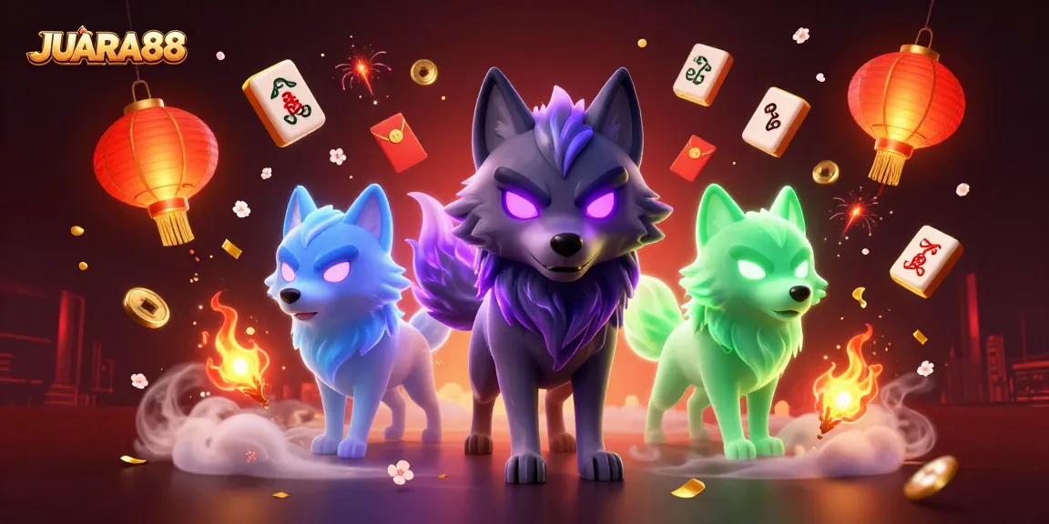 Engage with JUARA88 through magical wolves surrounded by vibrant casino elements.